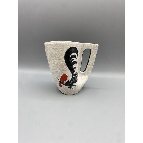 Vintage MCM Black White Red Rooster Textured Pottery Mug Italy Signed & Numbered - Picture 1 of 13